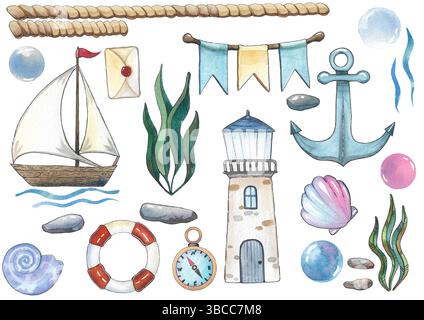 Ein Marinebelturm mit einem Fischerboot, einem Rettungsschirm, einem Anker und einem Lenkrad. Aquarellabbildung. Nahtloses Muster in einem nautischen Thema. Stockfoto