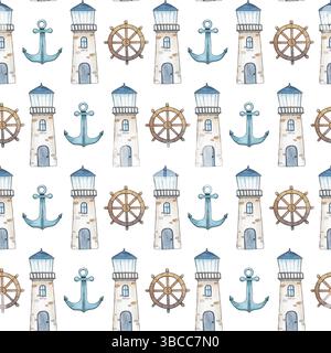 Ein Marinebelturm mit einem Fischerboot, einem Rettungsschirm, einem Anker und einem Lenkrad. Aquarellabbildung. Nahtloses Muster in einem nautischen Thema. Stockfoto