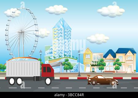 Bunte Stadtlandschaft mit Riesenrad, Wolkenkratzern, Wohnhäusern, Truck und Sportwagen auf der Straße – Urban Vector Illustration Stock Vektor