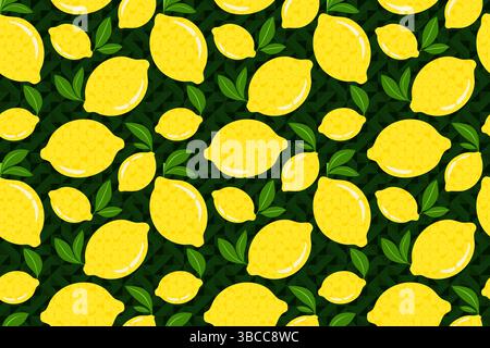 Frische gelbe Zitronen mit Blättern, nahtloses Vektormuster auf dunkelschwarzem abstrakten Hintergrund, perfekt für Textilien, Tapeten, Verpackung und Sommer de Stock Vektor
