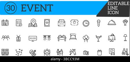 Minimalistische Symbolabbildungen mit Symbolen für Firmenveranstaltungen, Konferenzen, Ausstellungen und gesellschaftliche Veranstaltungen – vom Konzept bis zur Ausführung. Stock Vektor