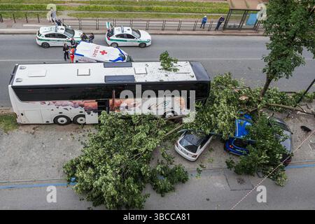 Turin, Italien. Mai 2025. Bus di studenti in gita finisce contro un albero - Torino, Italia - Cronaca - lunedì 19 maggio 2025 - ( Foto Nicolo Campo/LaPresse ) Studentenbus stürzt in Baum - Turin, Italien - Montag, 19. Mai 2025 - Nachrichten - ( Foto Nicolo Campo/LaPresse ) Credit: LaPresse/Alamy Live News Stockfoto