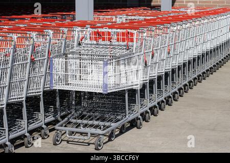 Einkaufswagen von Costco, die für größere Mengen von Massenartikeln entwickelt wurden, in einem Costco-Geschäft in New Orleans, Louisiana. Stockfoto