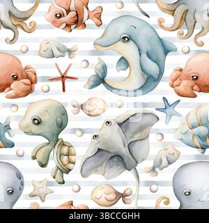 Niedliche Meerestiere. Niedliche Unterwasserwelt. Delfine, Oktopus, Stachelrochen. Aquarell Sommerblau gestreiftes nahtloses Muster auf weißem Hintergrund für Stockfoto