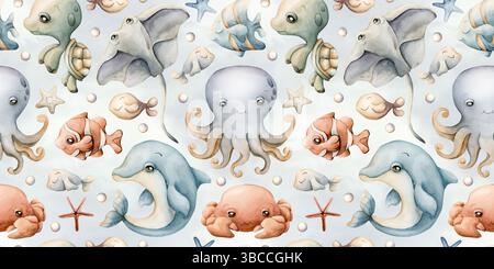 Niedliche Meerestiere. Niedliche Unterwasserwelt. Delfine, Oktopus, Stachelrochen. Nahtloses Aquarellmuster für den Sommer auf blauem Hintergrund für Kinder Stockfoto