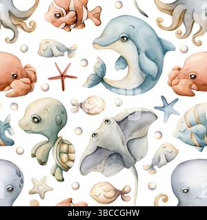 Niedliche Meerestiere. Niedliche Unterwasserwelt. Delfine, Oktopus, Stachelrochen. Nahtloses Aquarellmuster für den Sommer auf weißem Hintergrund für Kinder, nur für Babys Stockfoto