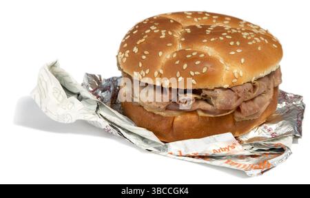 Ein regelmäßiges gebratenes Bienenbrötchen, fotografiert auf weißem Hintergrund Stockfoto