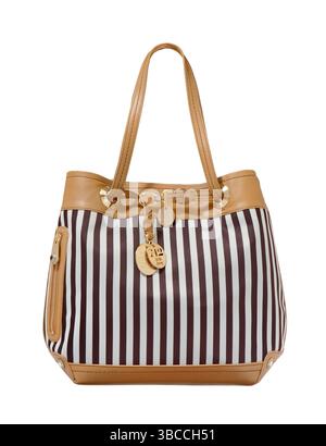 henri bendel braune und weiße Einkaufstasche, fotografiert auf weißem Hintergrund Stockfoto