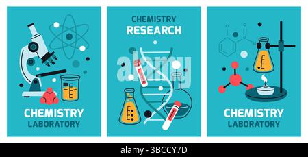 Karten für Laborwerkzeuge. Pharmazie, Biologie, chemische Geräte, wissenschaftliche Experimente, Mikroskope, Röhrchen und Kolben, Abdeckungen oder Poster Stock Vektor
