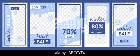 Designgeschichten im Winter. Verkaufs- und Rabattwerberahmen, Rahmen für Social-Media-Apps, trendige Vorlagen, transparente Ebene, vertikale Minimalbroschüre Stock Vektor