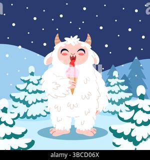 Süßer Yeti, der Eis isst. Flauschiger Bigfoot im Winterwald, schneebedeckte Landschaft, Sasquatch-Charakter, lustige fantastische Kreation, Cartoon Flat Style Stock Vektor