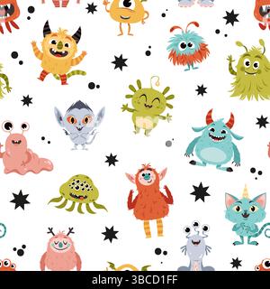 Nahtloses Monster-Muster. Niedliche kleine Charaktere, wiederholtes lustiges Maskottchen, kindliche gruselige Dämonen, fabelhafte Kreationen. Textil, Geschenkpapier Stock Vektor