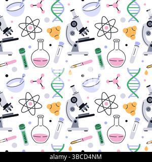 Nahtloses Muster für Chemie-Werkzeuge. Wissenschaftliche Laborgeräte, Wiederholungsröhrchen, Kolben und Mikroskope. Dekor aus Textil, Geschenkpapier, Tapete Stock Vektor