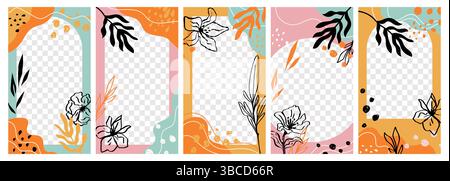 Abstrakte Blumenmuster. Vorlagen für Geschichten, Social-Media-Apps dekorative Rahmen, trendige Formen Hintergründe, tropische botanische Grenzen, transparent Stock Vektor