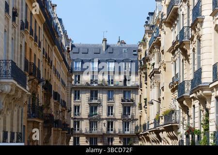 Paris, typische Fassaden und Fenster, schöne Gebäude mit alten Zinkdächern Stockfoto
