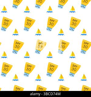 Nahtloses Sommermuster mit lsf-Creme und Yacht. Nahtloses Sonnenschutzmuster. Stock Vektor