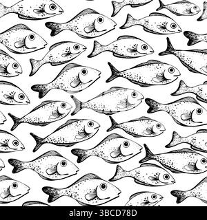 Einfache Fische und Blasen in Aquarellfarben, nahtloses Muster. Eine Herde, eine Fischschule, in blau-grauer Farbe. Zur Dekoration und Gestaltung von Stoffen Stock Vektor