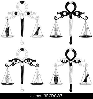 Ägyptische Waagen mit Augen des Gottes Horus, Waagen des Gottes Anubis mit Kanopischen Gefäßen, Waagen mit Feder der Wahrheit der Göttin Matt Stock Vektor