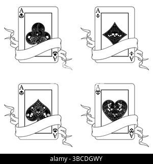Pokerkarte umgeben von einem Band, Pokersymbole mit Herz, Diamant, Schläger und Ass mit verschiedenen Schädeldesigns Stock Vektor