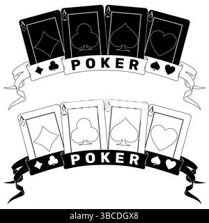 Pokerkarten, umgeben von einem Band, Pokersymbole von Herz, Diamant, Verein und Ass Stock Vektor