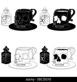 Menschlicher Schädel Geformter Porzellan-Teetasse, Schädel Geformter Kaffeetasse Magischer Trank-Cup, Halloween Dämonic Cup Stock Vektor