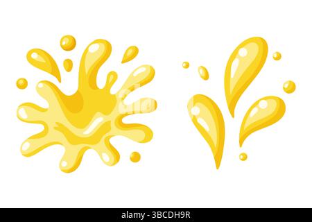 Gelbe Spritzer- und Safttropfen im Cartoon-Stil. Vektor-isolierte Illustration auf weißem Hintergrund Stock Vektor