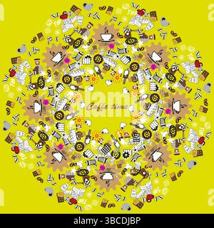 Kaffeekranz. Dekorative Kaffeesymbole. Handgezeichnetes rundes Konzept. Heller Doodle-Hintergrund. Stock Vektor