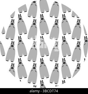 FreihandOveralls mit Trägern und Tasche nahtloses Graustufenmuster auf Kreishintergrund Infografik. Isolierte Vektor-Illustration perfekte Etiketten, Produktkarten oder Werbebanner, Broschüren, Preisschilder Stock Vektor