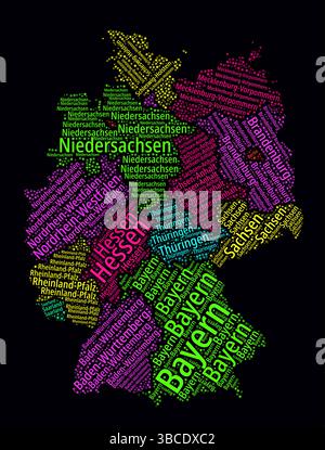 Wortwolke Deutschland. Ländernamen des Landes in deutscher Sprache. Helles Neondesign auf dunklem Hintergrund. Stock Vektor