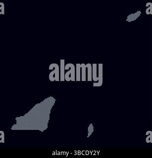 Gepunktete Guernsey-Karte. Digitale Landkarte des Landes auf dunklem Hintergrund. Guernsey-Form mit kreisförmigen Punkten. Farbige Punkte. Kleine Kreise. Stock Vektor