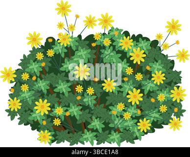 Illustration von hellgelben Blüten inmitten dicht grüner Blätter. Flacher Vektorstil mit lebhaften Farben und detaillierter Komposition Stock Vektor