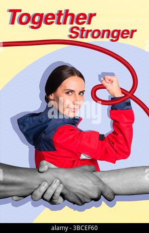 Skizzenbild Trend Kunstwerk Montage Collage der Gesundheitsmedizin Krankenhaus junge Dame Arzt zusammen stärkere Hand Gesten Partnerschaft Stockfoto