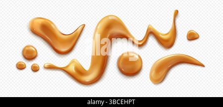 Flüssige Karamellspritzer isoliert auf transparentem Hintergrund. Vektor realistische Illustration von hellbraunem Toffee Sirup, Erdnussbutter Soße, Honig, Orangen Fudge Tropfen und Flecken, süße Dessert Top Stock Vektor
