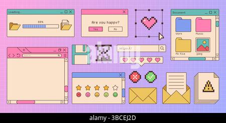 Browser-Elemente im Retro-Stil festgelegt. Niedliche Oberflächenelemente von Websites alter Schule – Ladeleiste, Dialogfeld, Suchformular, Emoticon-Symbol, Diskette und Ordner. Nostalgisch inspiriertes UI-Design der 90er Jahre Stock Vektor