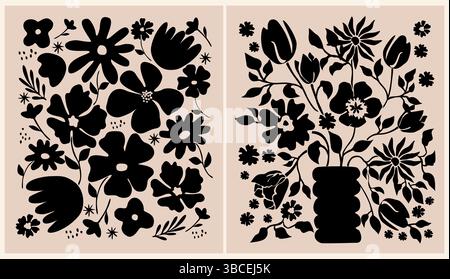 Handgezeichnete abstrakte Blumenkompositionen, schwarze Kunst Stock Vektor