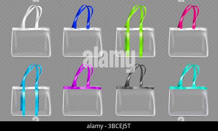 Transparentes Tragetaschen-Set mit Griffen in verschiedenen Farben - weiße Einkaufstaschen-Mockups mit leuchtenden, hellen Trägern. Handtaschen aus transparentem Kunststoff mit bunten Haken für Branding und Verpackungsdesign. Stock Vektor