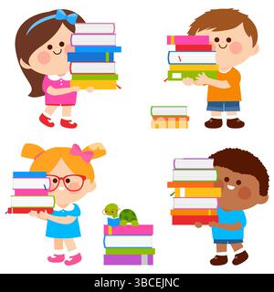 Kinder mit Büchern. Die Kinder in der Schulbibliothek lesen viele Bücher und machen Hausaufgaben. Glückliche, kluge Mädchen und Jungen lernen im Unterricht. Stockfoto