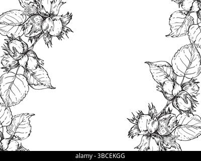 Haselnussrahmen mit Zweig, Blättern und Früchten. Vektor-Schwarz-weiß-Illustration handgezeichnet Stock Vektor