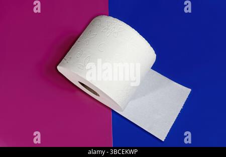 Rolle Toilettenpapier auf leuchtendem rosa und blauem Split Hintergrund Stockfoto
