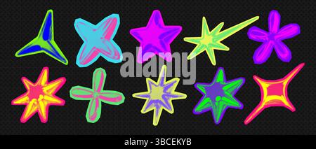 Y2K 3d Punk Neonfarben Hell Chrom Halbtonsterne Form Retro abstrakte Vektor Illustration Sticker Set. Stock Vektor
