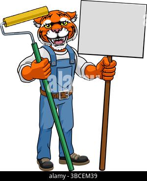 Rhino Malermalerei Malerwalze Maskottchen Mann Stock Vektor