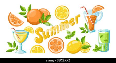 Hand gezeichnete flache Vektor-Illustration mit einem bunten Satz von isolierten Zitrusfrüchten, ganzen und geschnittenen Zitronen und Orangen mit grünen Blättern und Früchten Stock Vektor