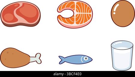 Es gibt verschiedene proteinreiche Lebensmittel, einschließlich Fleisch, Fisch, Eier, Huhn, und ein Glas Milch. Alles in einem niedlichen Cartoon-Stil. Stock Vektor