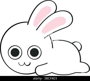 Ein entzückender Karikaturhase liegt mit einem süßen Lächeln. Seine großen, runden Augen, sein winziges Lächeln und die rosa Ohren verleihen ihm einen verspielten und liebenswerten Look. Stock Vektor