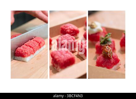 Sushi-Fleischzubereitungscollage. Bio-Fleisch-Sushi. Fleisch-Sushi-Rezept. Schritt-für-Schritt-Vorbereitung. Gemischtes Tablett Ihrer Wahl. Stockfoto