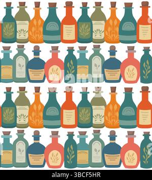 Nahtloses Vektor-Muster mit Vintage-Trank-Flaschen. Ideal für Verpackungen, Textilien und Geschenkpapier. Flacher STYLE. Erdgrün, Petrol, Orange, Korallen Stock Vektor