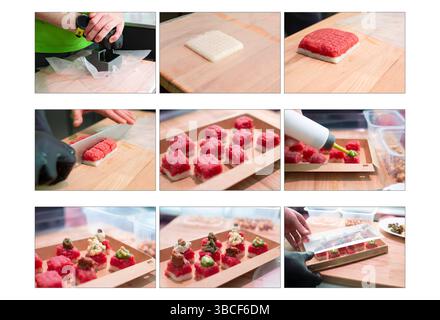 Sushi-Fleischzubereitungscollage. Bio-Fleisch-Sushi. Fleisch-Sushi-Rezept. Schritt-für-Schritt-Vorbereitung. Gemischtes Tablett Ihrer Wahl. Stockfoto