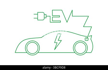 Modernes Elektroauto mit Steckersymbol und EV-Buchstabe aus Elektrodraht, grüner bearbeitbarer Hub EV-Autosymbol, umweltfreundliches Fahrzeug, Ladestation Stock Vektor