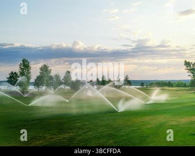 Bewässerungssprinkler auf dem Golfplatz Stockfoto