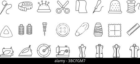 Editierbare Symbole Für Nählinien Und Schneiden. Vektor-Illustration im modernen dünnen Stil von Nähwerkzeugen: Nadel, Faden, Maschine und mehr. Stock Vektor